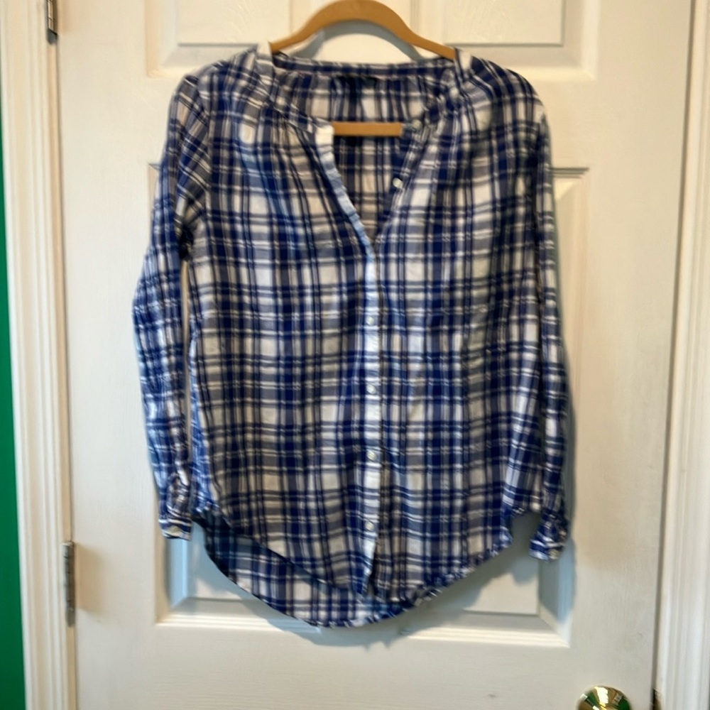 Lucky brand blue and white plaid XS button down casual top